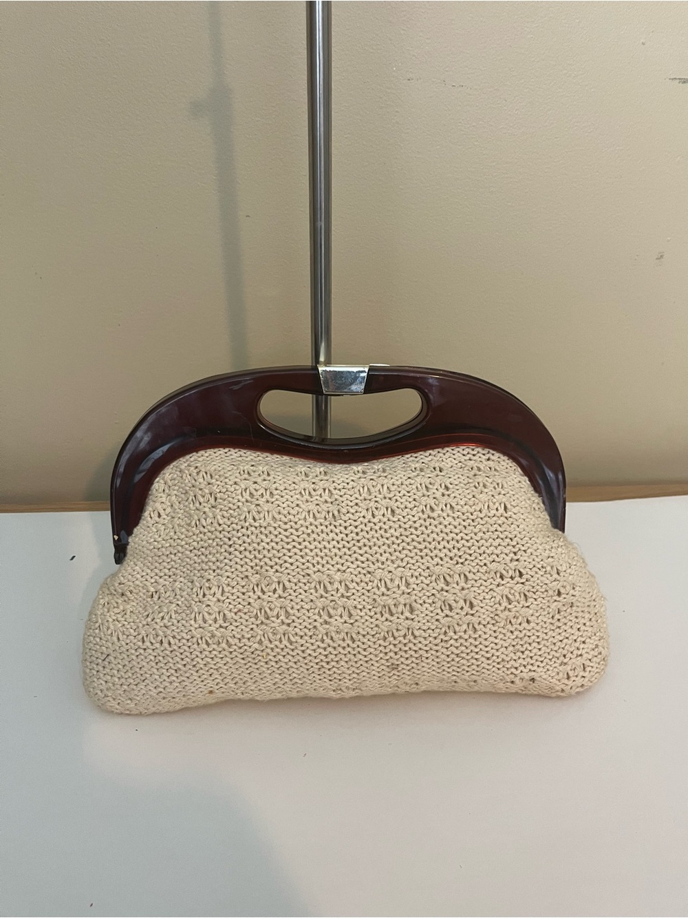 Cream Knit Clutch with Brown Frame Handle